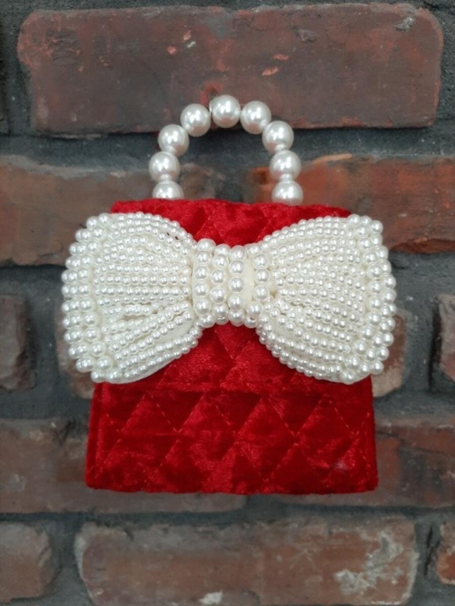 Red Quilted Velvet Purse with Pearl Bow & Handle