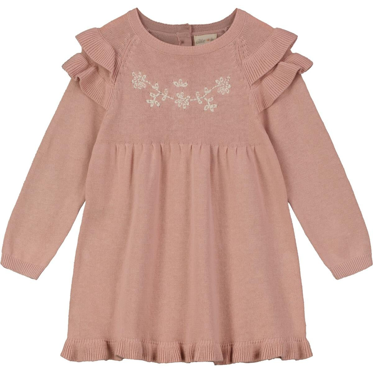 Soft Pink Embroidered Ruffle Sweater Dress