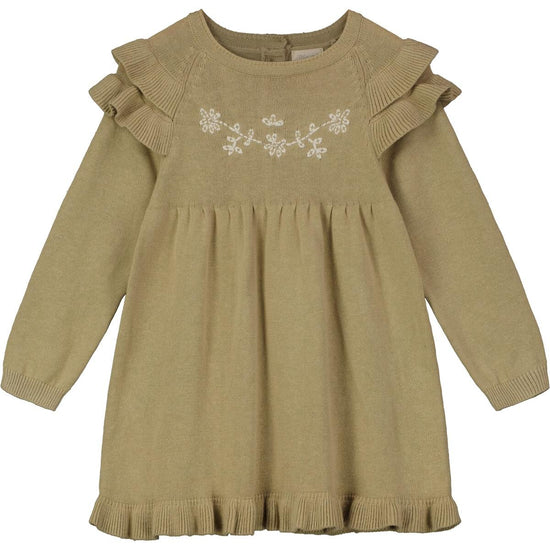 Oatmeal Embroidered Ruffle Sweater Dress