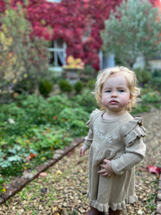 Oatmeal Embroidered Ruffle Sweater Dress