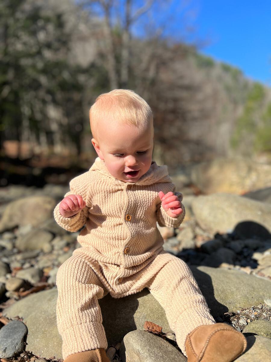 Bailey Textured Knit Hooded Romper in Tan