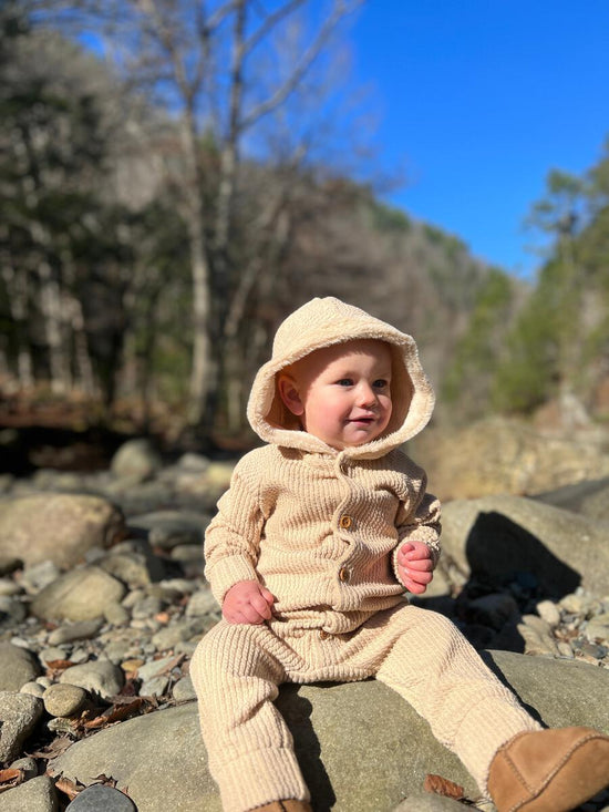 Bailey Textured Knit Hooded Romper in Tan