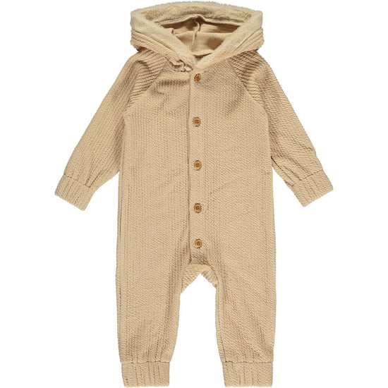 Bailey Textured Knit Hooded Romper in Tan