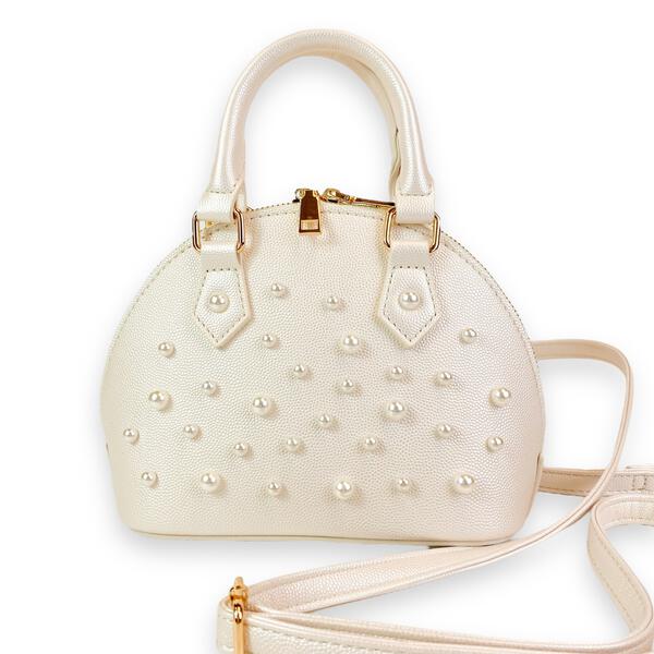 Cream Pearl Studs Leather Satchel Bag