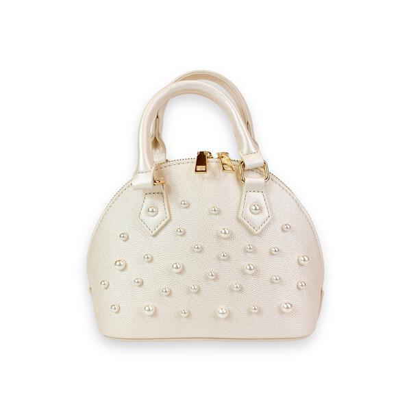 Cream Pearl Studs Leather Satchel Bag