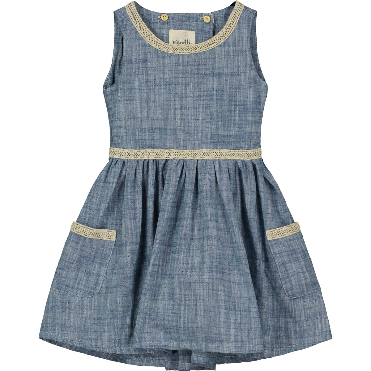 Nina Dress in Chambray Blue with Crochet Trim