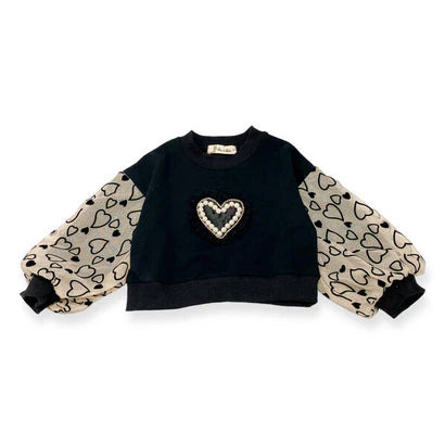 Black/Neutral Heart Embellished Mesh Sleeve Sweatshirt