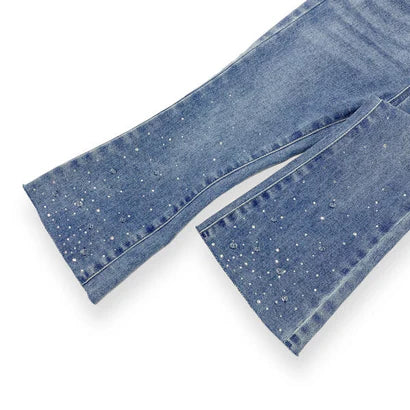 Clear Stone Embellished Hem Flare Denim