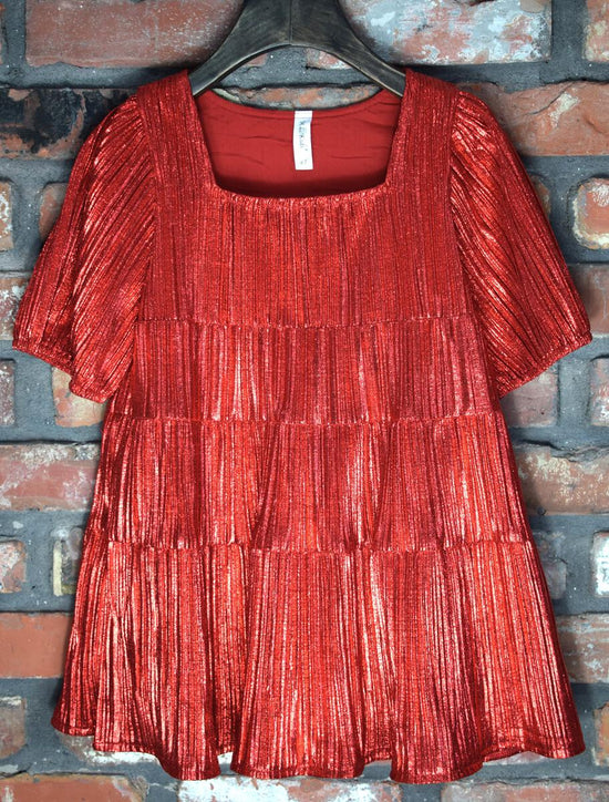 Tiered Red Metallic Dress