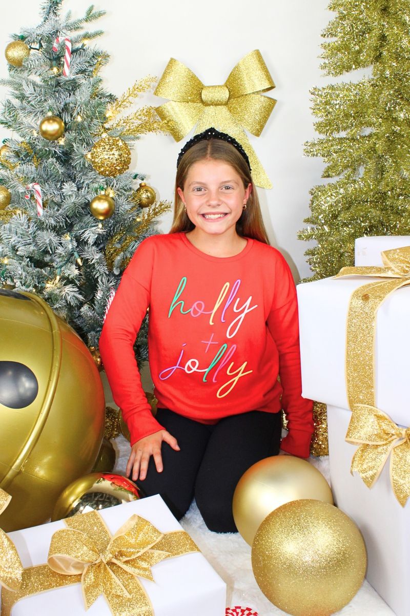 Tween Holly + Jolly puff Embroidery sweatshirt