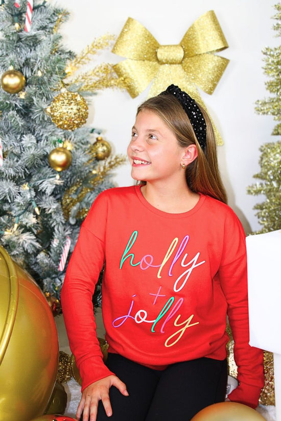 Tween Holly + Jolly puff Embroidery sweatshirt