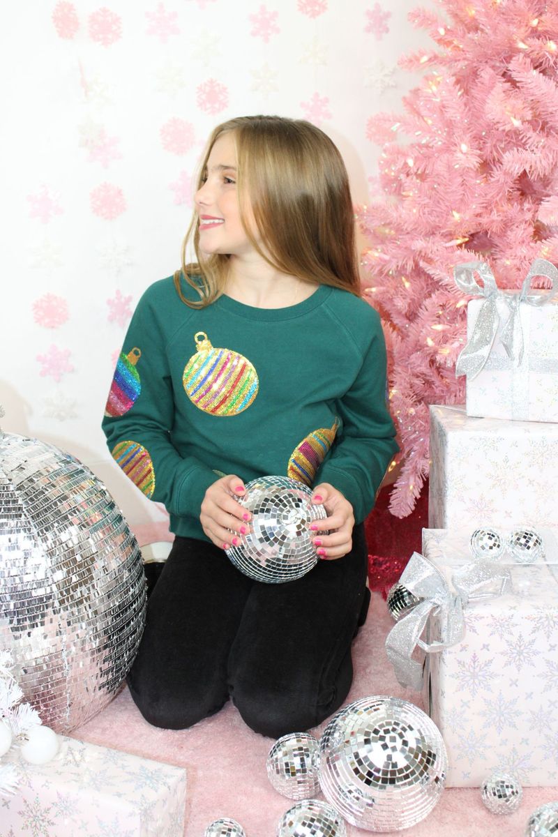 Tween Green Sequin Ornament Crop Sweatshirt