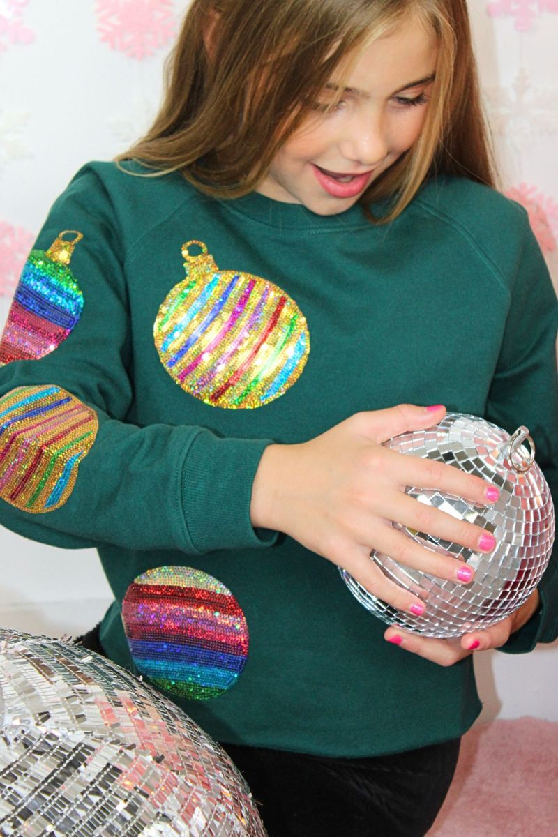 Tween Green Sequin Ornament Crop Sweatshirt