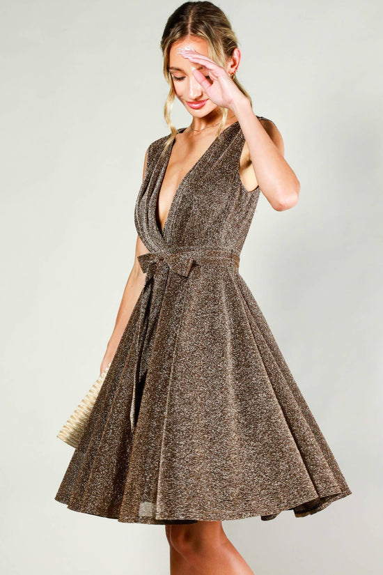 Surplice V-neck Sleeveless Tie Waist Dress in Bronze