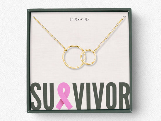 2 Rings Dainty Eternity Breast Cancer Survivor Necklace Gift: 14k Gold Vermeil / Pendant width: 1 Inches; Pendant height: .65 Inches; Necklace length: 18 Inches / Minimalist