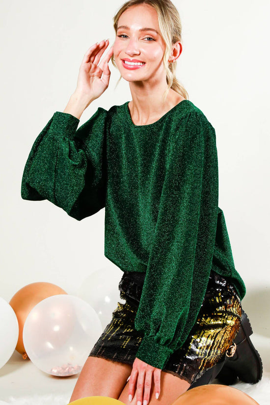 Balloon Long-Sleeve Round Neck Glitter Yarn Knit Top