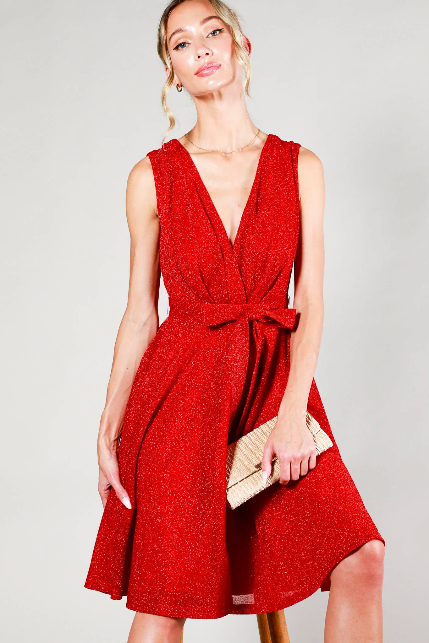 Surplice V-neck Sleeveless Tie Waist Dress: Red