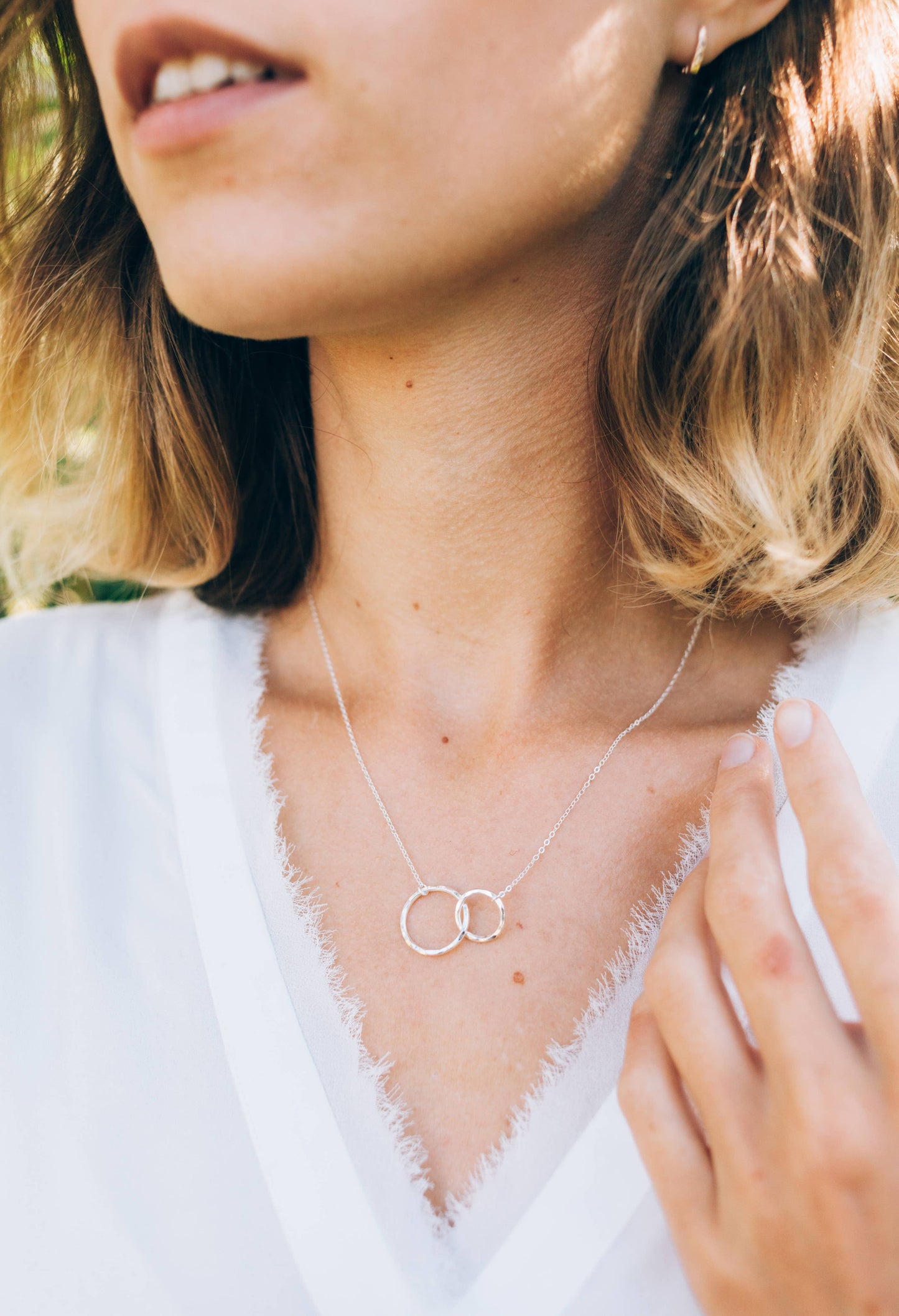 2 Rings Dainty Eternity Breast Cancer Survivor Necklace Gift: 14k Gold Vermeil / Pendant width: 1 Inches; Pendant height: .65 Inches; Necklace length: 18 Inches / Minimalist