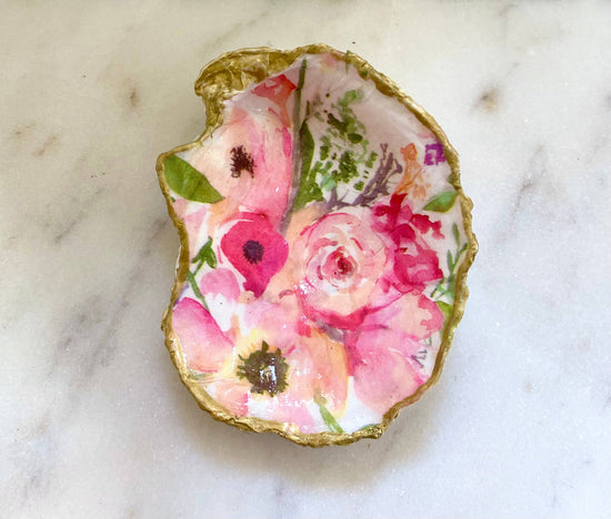 Large Pink Floral Oyster Shell Jewelry Dish