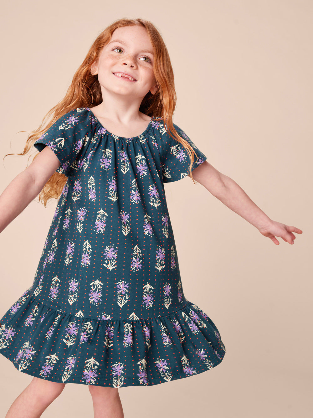 Flutter Sleeve Drop Skirt Dress in Dotted Navy Floral Print