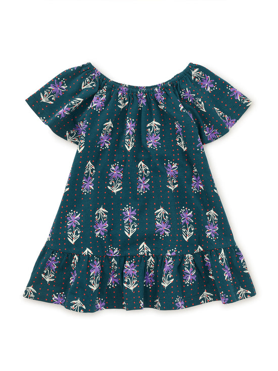 Flutter Sleeve Drop Skirt Dress in Dotted Navy Floral Print