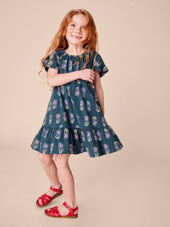 Flutter Sleeve Drop Skirt Dress in Dotted Navy Floral Print