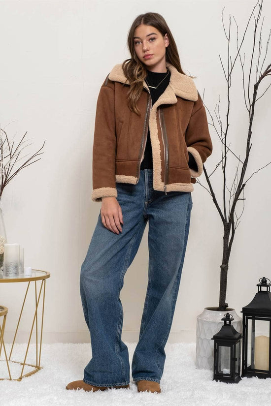 Brown Contrast Faux Shearling Jacket