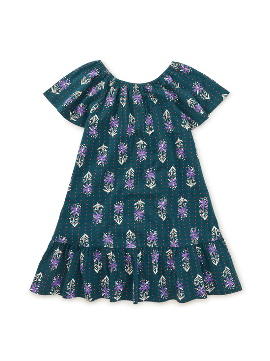 Flutter Sleeve Drop Skirt Dress in Dotted Navy Floral Print