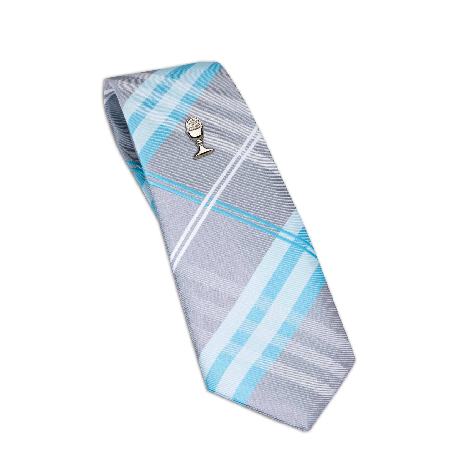 Aqua Plaid / Silver-tone Boy's First Communion Tie and Chalice Pin Set
