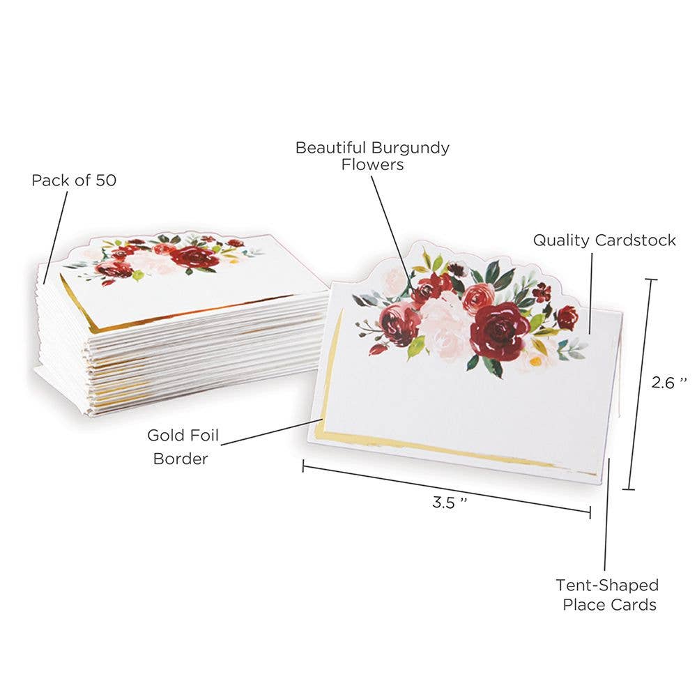 Burgundy Blush Floral Tent Place Card (Set of 50)
