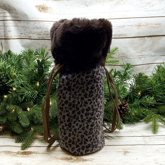 Grey Plush Leopard Fur Bottle Bag