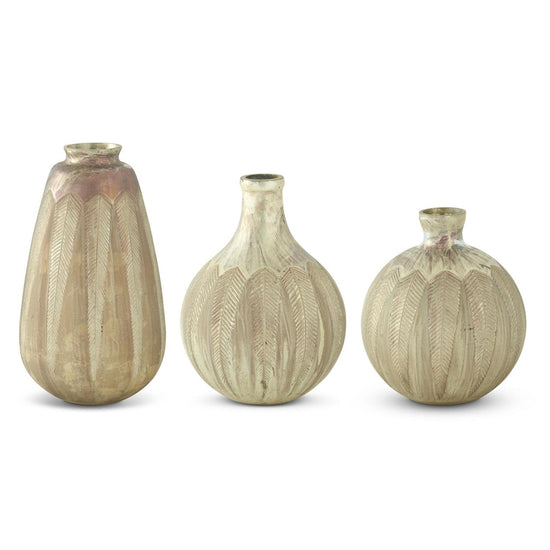Feather Etched Tarnished Champagne Painted Vases