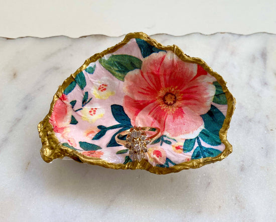 Load image into Gallery viewer, Small Peony Print Oyster Shell Jewelry Dish
