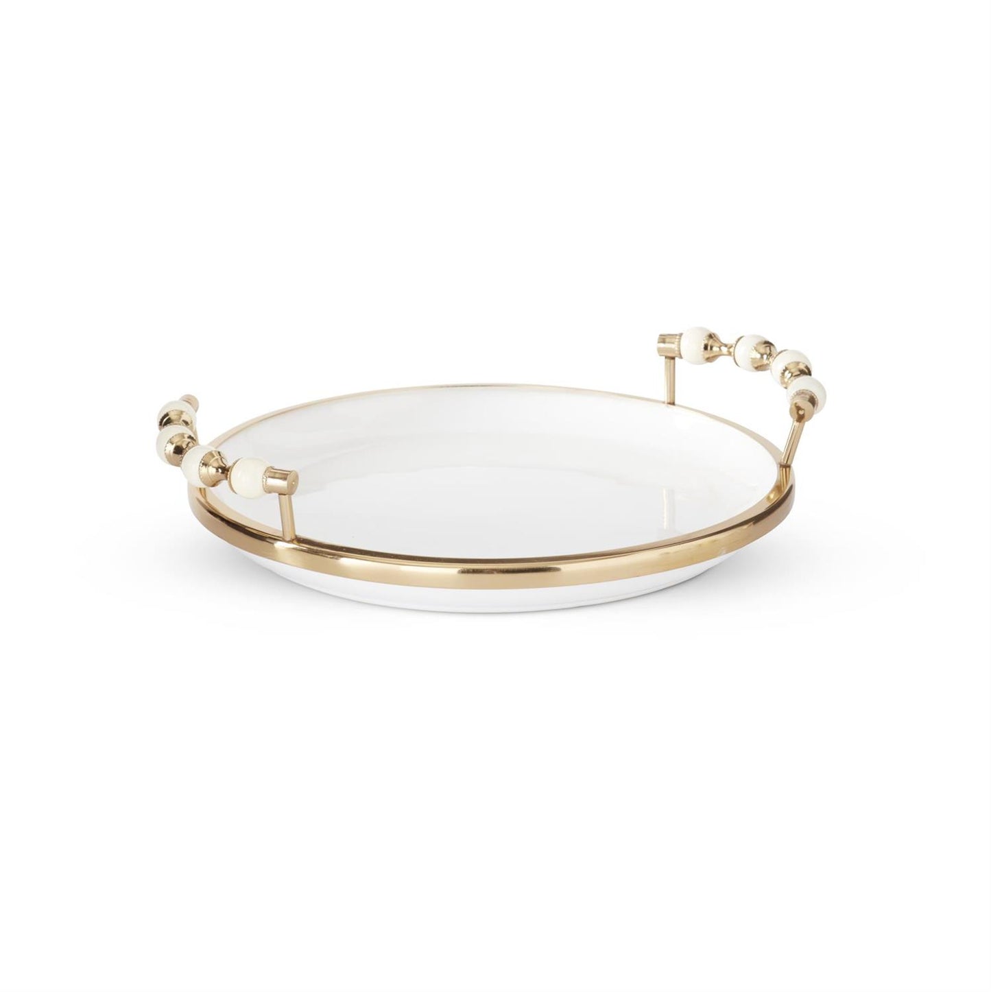 14.75 Inch White Ceramic Tray w/Brass Rim & Powder Coated Finish