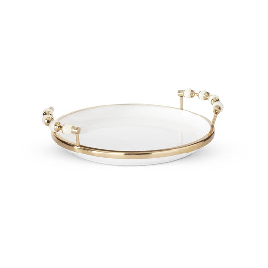 14.75 Inch White Ceramic Tray w/Brass Rim & Powder Coated Finish