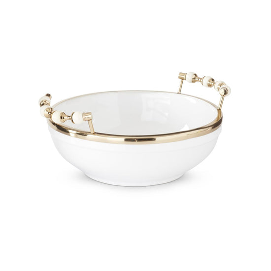 14.75 Inch White Ceramic Bowl w/Brass Rim & Powder Coated finish