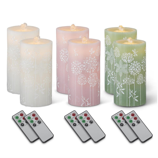Water LED Flower Embossed Pillar Candles w/remote