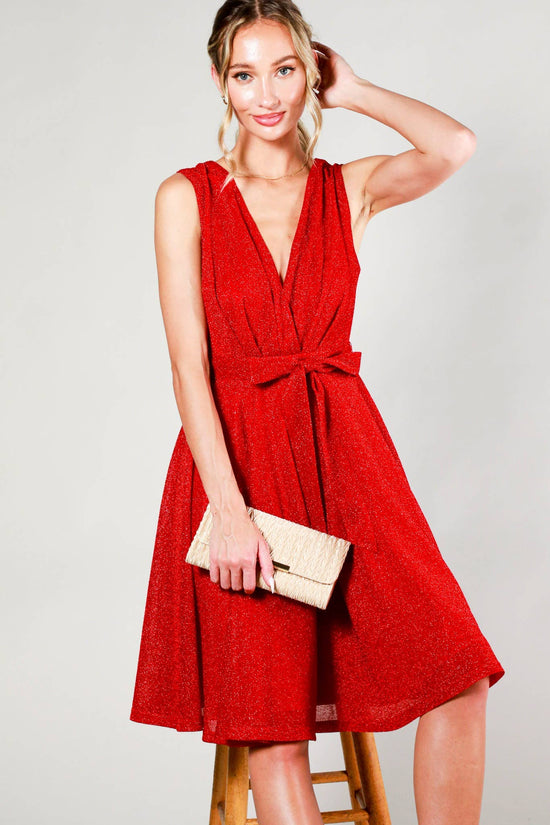 Surplice V-neck Sleeveless Tie Waist Dress: Red