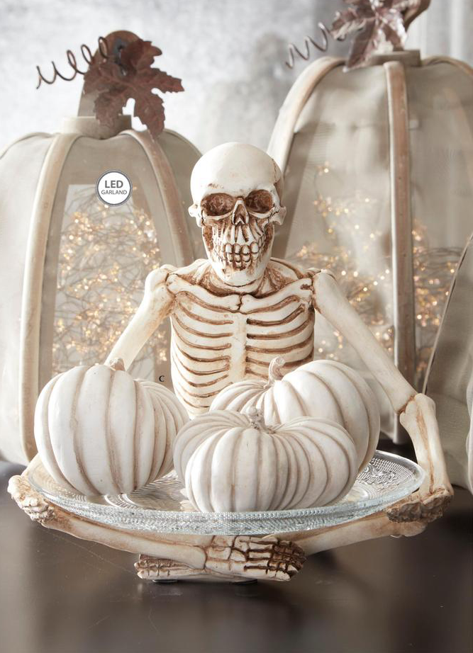 Resin Sitting Skeleton Holding Glass Plate