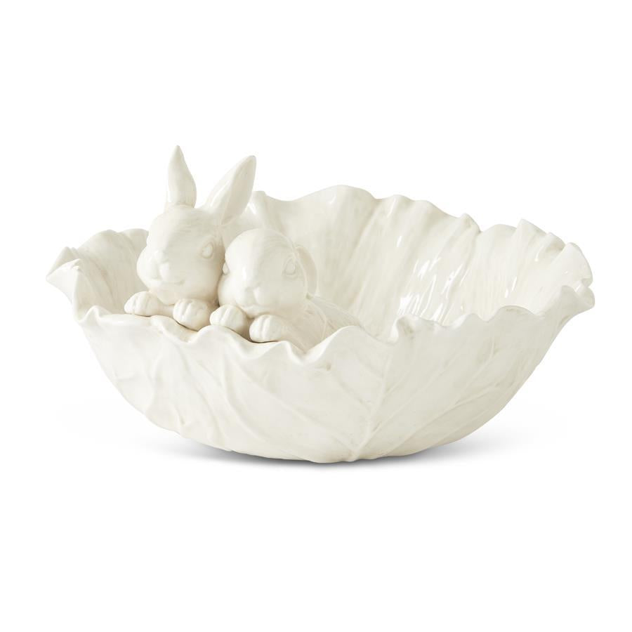 12 Inch Antiqued White Dolomite Cabbage Bowl w/Rabbit