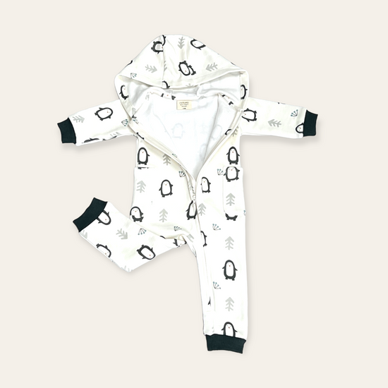 Penguin Fleece Zipper Hooded Baby Jumpsuit