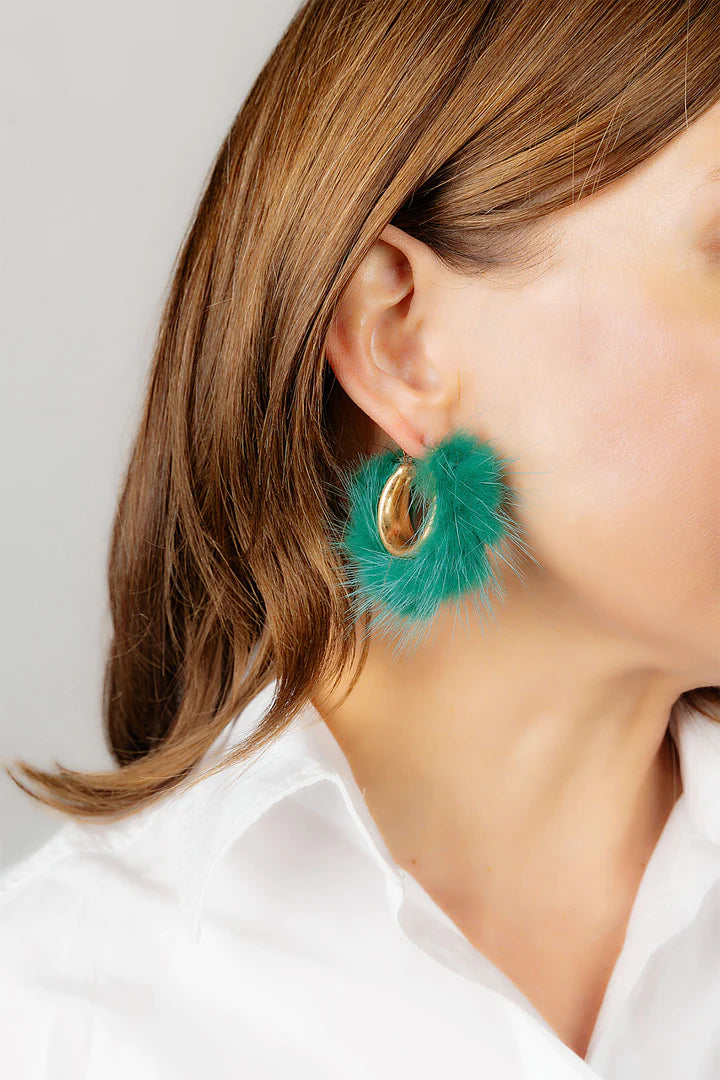 Glenda Faux Mink Hoop Earrings in Teal