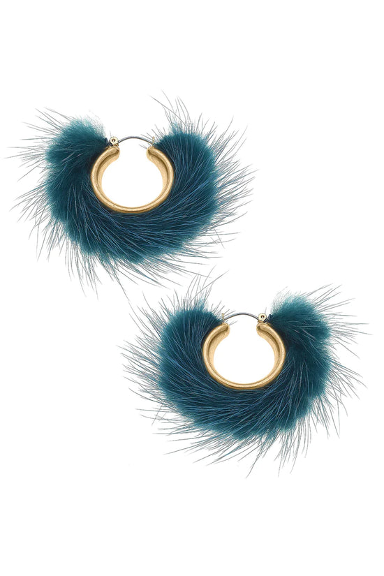 Glenda Faux Mink Hoop Earrings in Teal