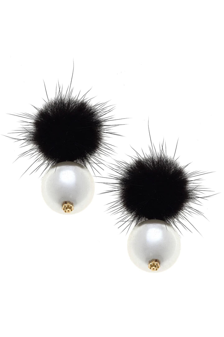 Aster Faux Mink Pompon & Pearl Earrings in Black