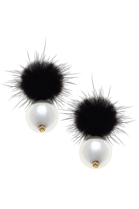 Aster Faux Mink Pompon & Pearl Earrings in Black