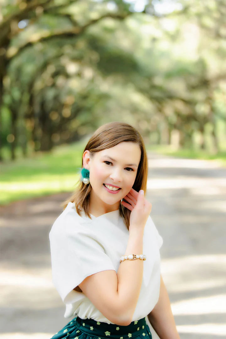 Aster Faux Mink Pompon & Pearl Earrings in Teal