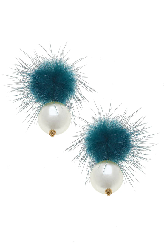 Aster Faux Mink Pompon & Pearl Earrings in Teal