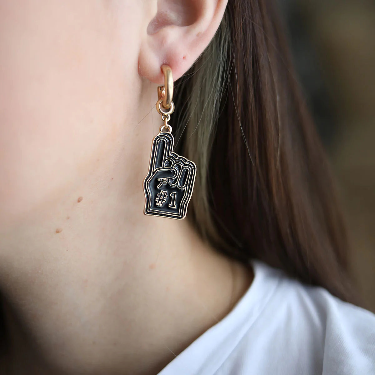 Foam Finger Enamel Earrings in Black 2.2" Length