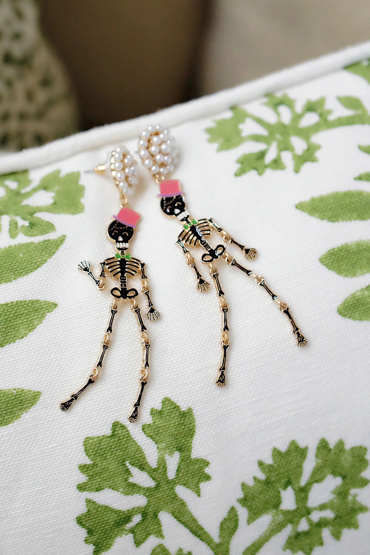 Halloween Enamel Skeleton Earrings in Black & Pink