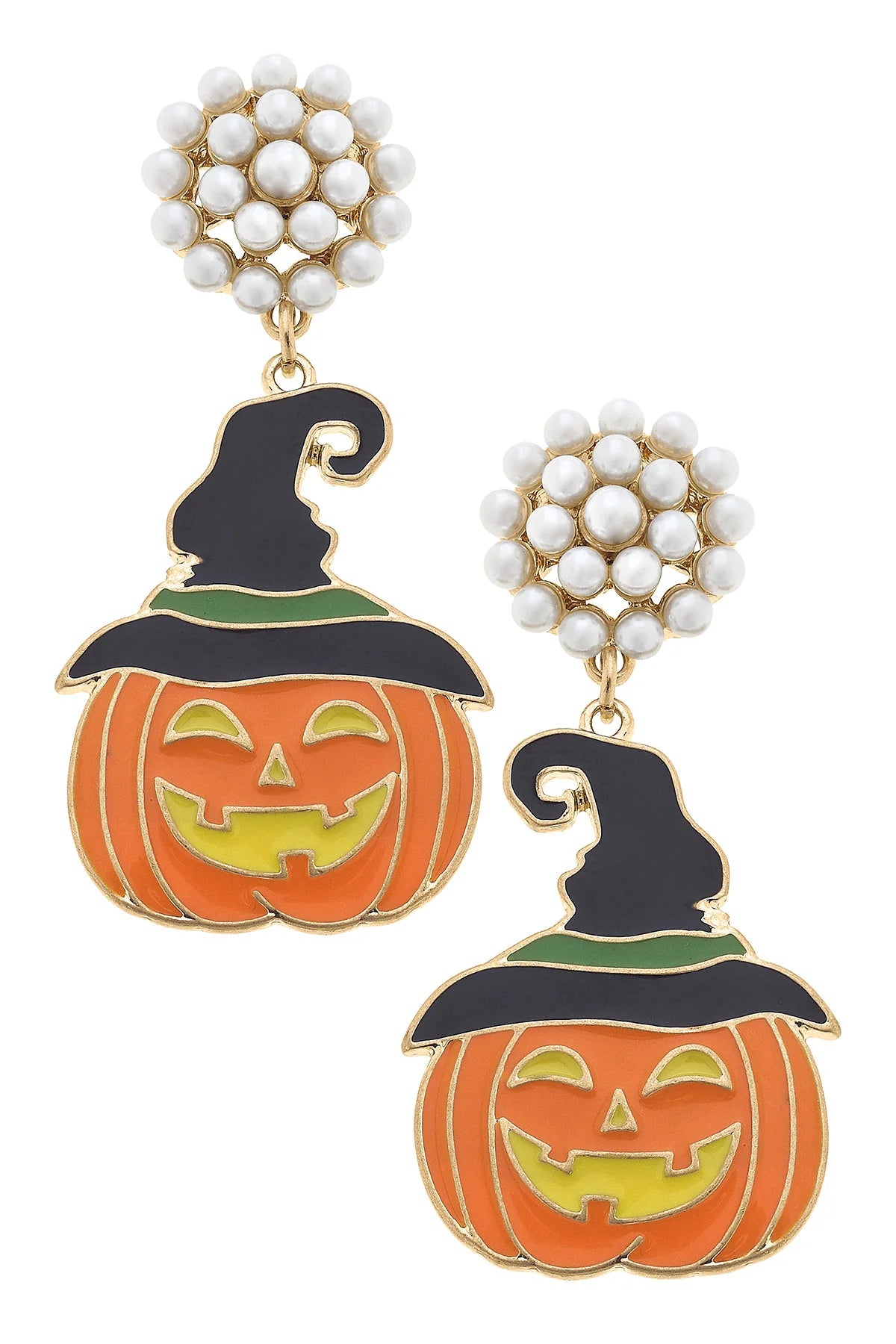 Halloween Enamel Jack O'Lantern Witch Hat Earrings in Orange and Black